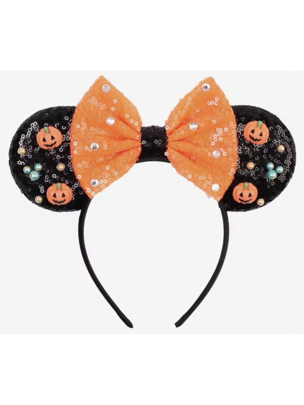 Disney Black/Orange PUMPKINS HALLOWEEN MOUSE EARS Headband w/BOW Beads & Sequins